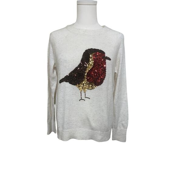 H&M Red Robin Bird Sequined Christmas Sweater Ivory Casual Alpaca Cozy S - Picture 1 of 5